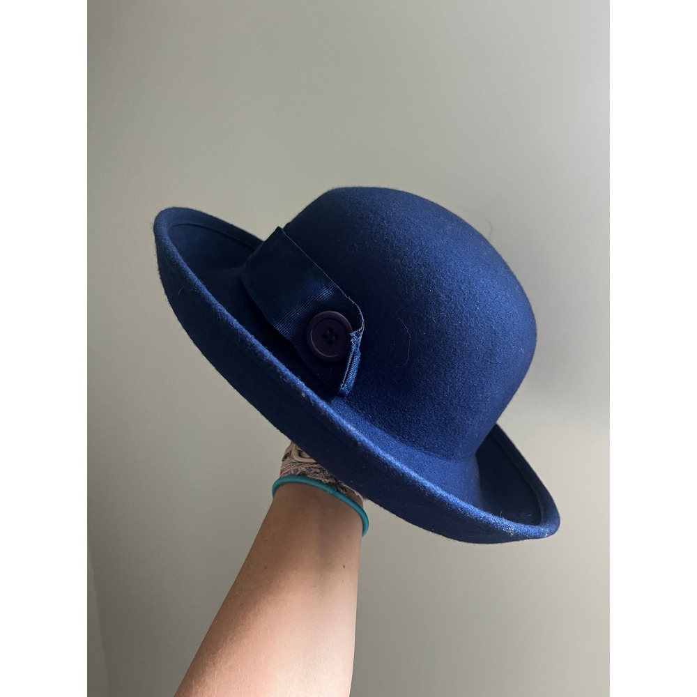 Vintage Navy Blue Wool Cloche Hat Dark Academia Mod Winter Preppy Minimalist OS